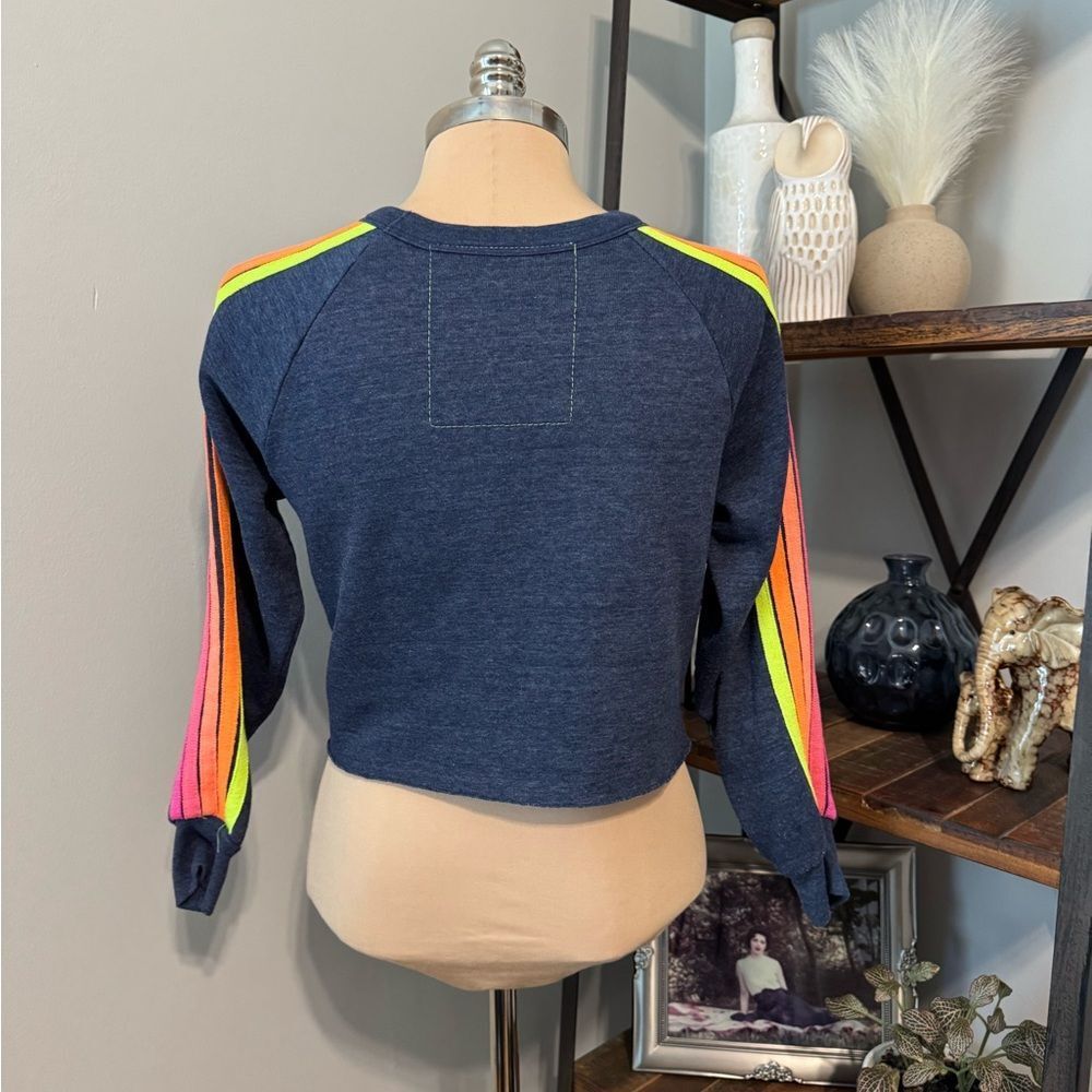 Aviator Nation Bolt Embroidery Classic Cropped Crew Sweatshirt Heather Navy Neon - Picture 4 of 12